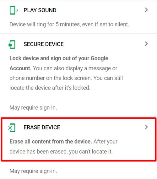Reset Phone using Google Find My Device
