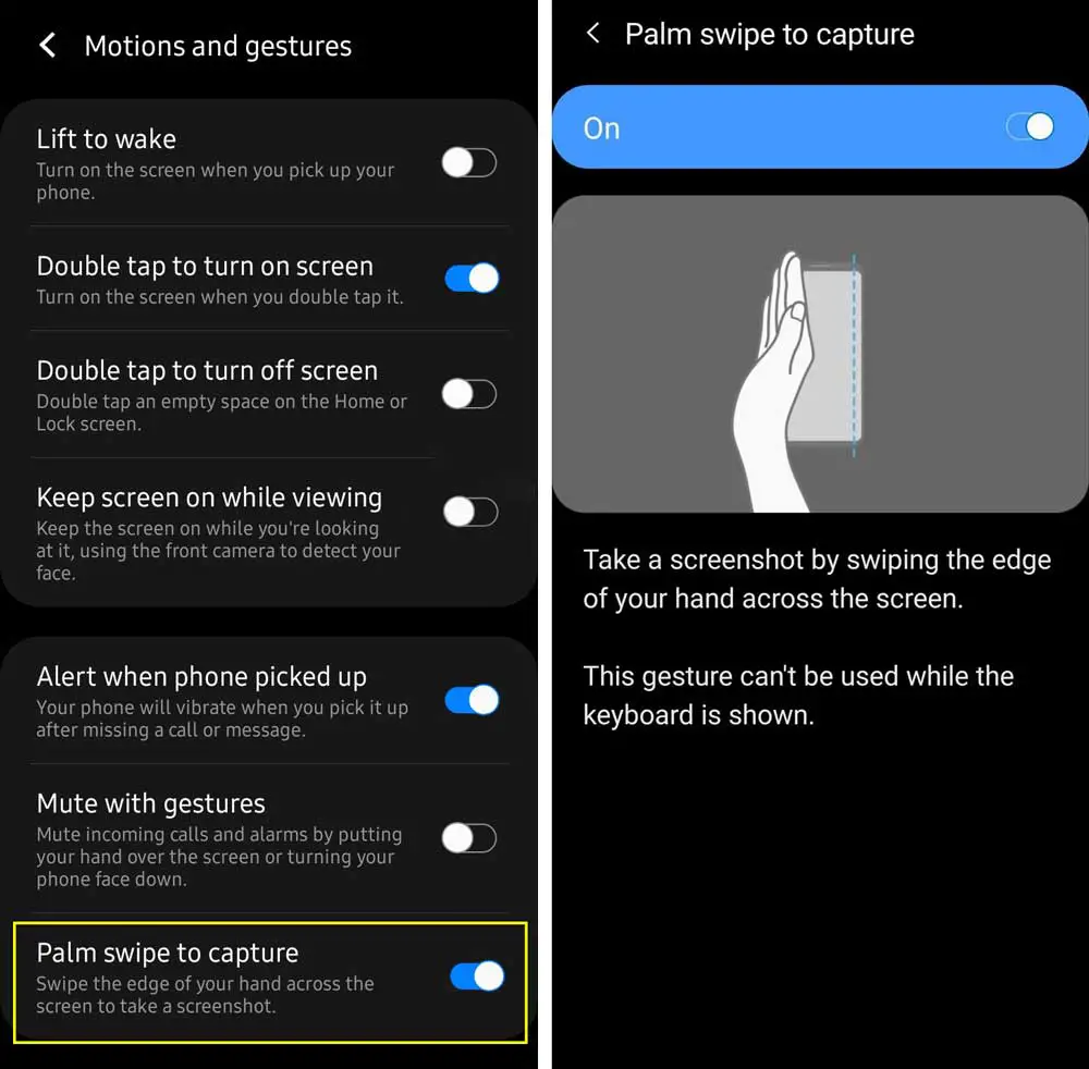 Samsung Palm Swipe to Capture Screenshot